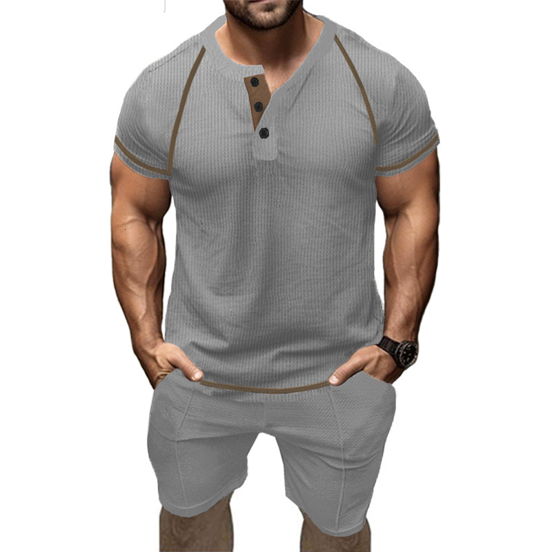 Summer Fashion Casual Slim Fit Wear Henry T-shirt Waffle Sports Shorts Set Men's