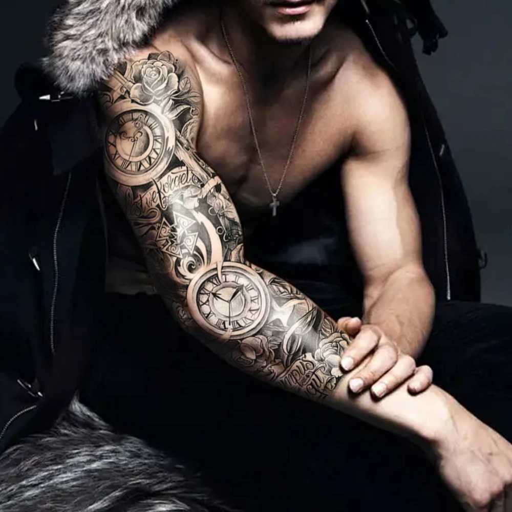 Watch Rose Full Sleeve Waterproof Temporary Tattoo Stickers Gothic Tiger Butterfly Car Fake Tattoo Body Art MenXJ25414