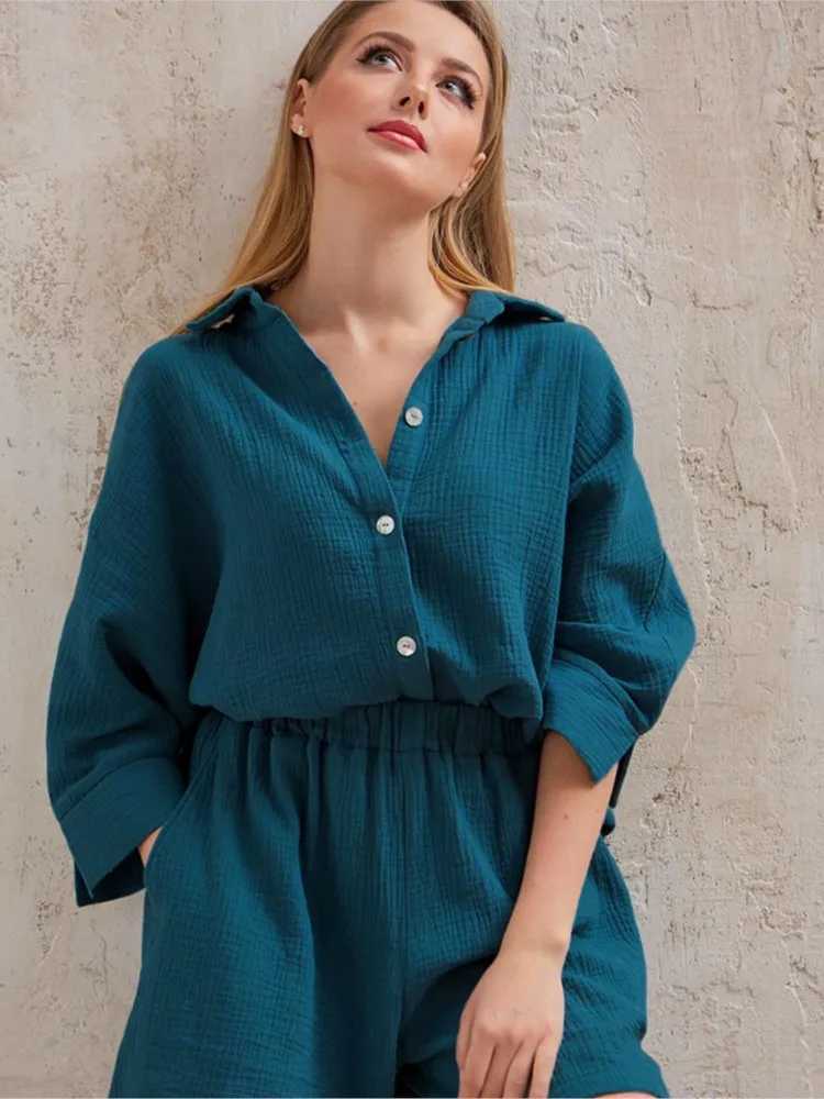 Womens summer outfit new pure cotton warm city casual solid color long sleeved short sleeved shirt set two-piece setXJ250414
