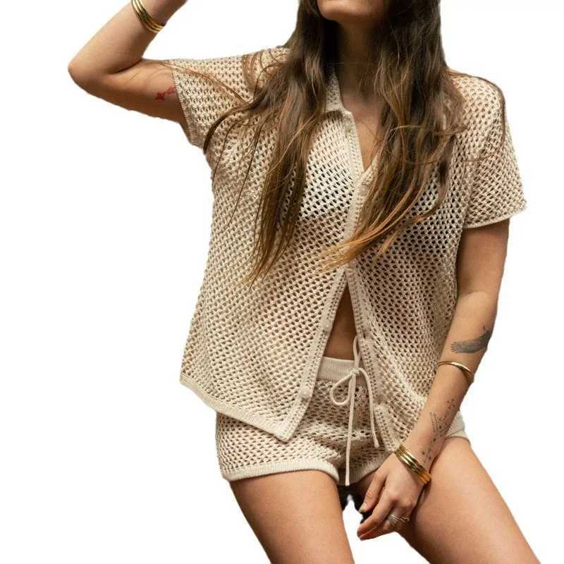 Hollow knit jacket shorts set womens short top V-neck button casual beach cardigan shorts set holiday chic 2025 summerXJ250414