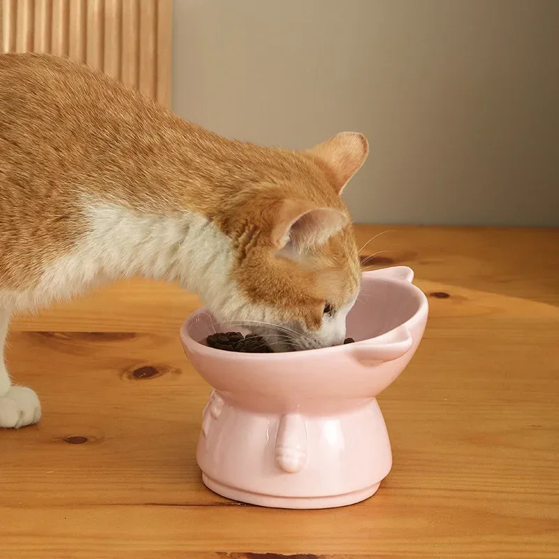 Ceramic Cat Bowl Combination Double Bowl High Feet Oval Mouth Neck Protection Drinking Water Dog Basin Cat Bowl Pet Supplies 250414
