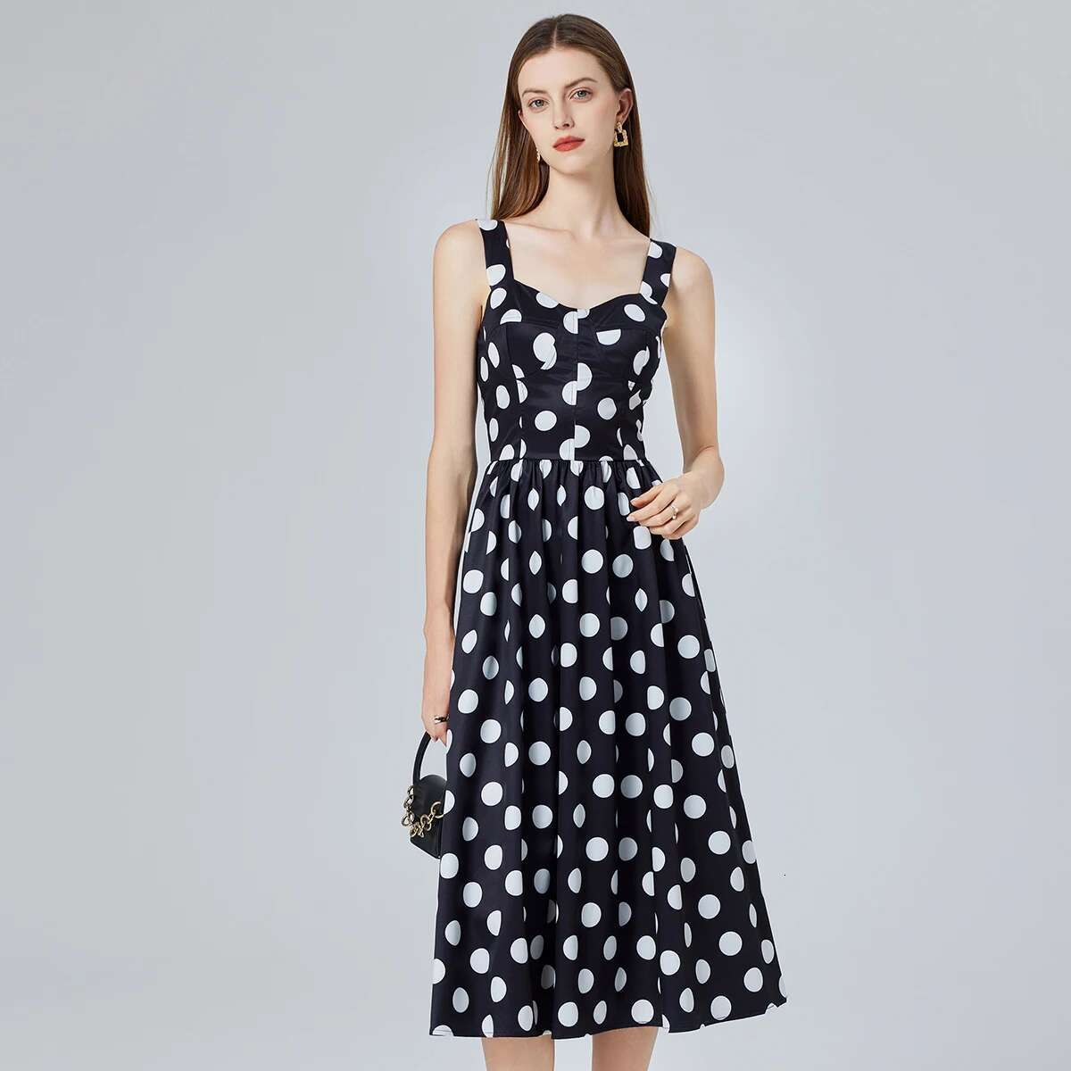 Designer dress maxi dress 2025 summer fashion show polka dot print sleeveless black Midi holiday casual women's vest