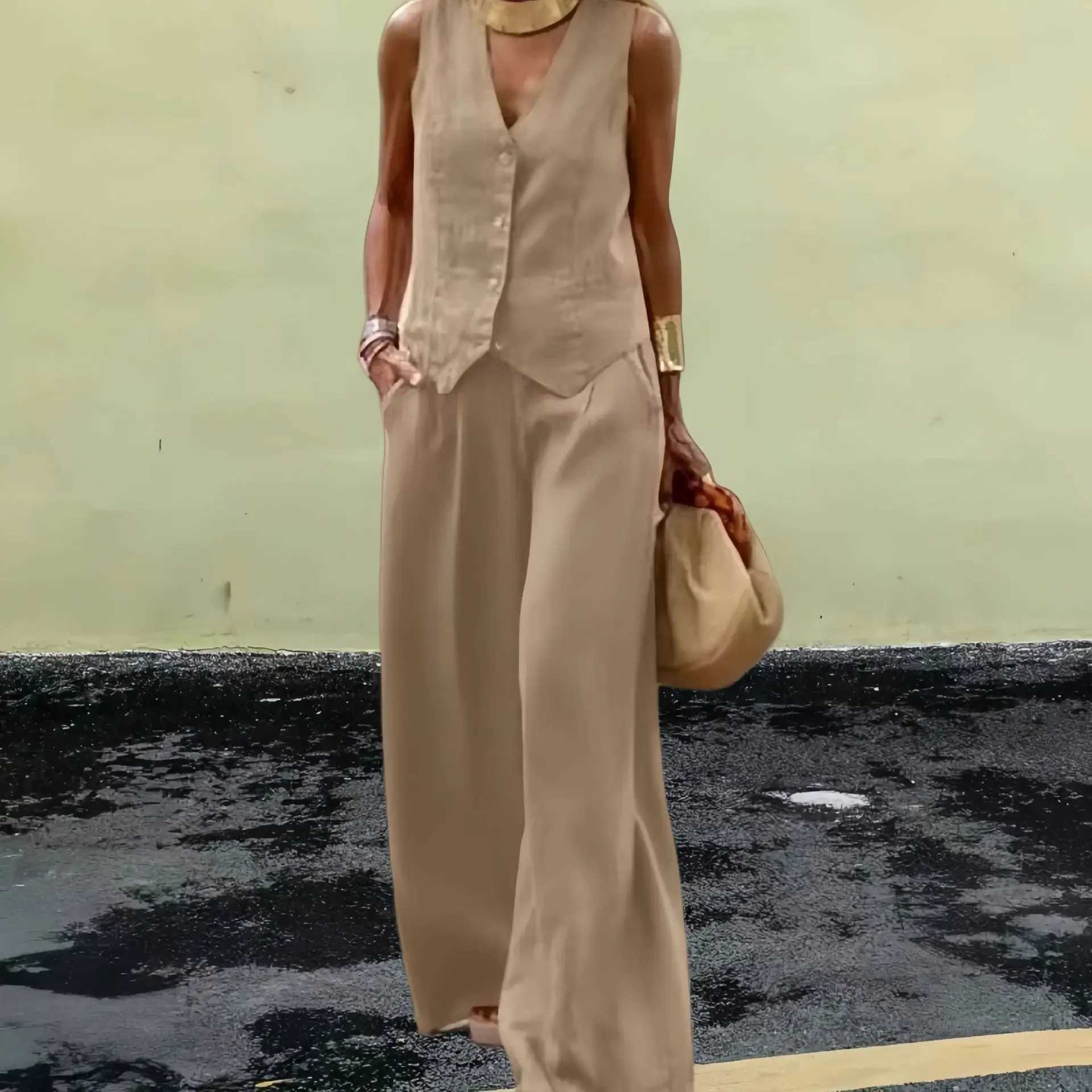 2024 Fashion Crossover New Solid Color Womens Set Tank Top Trouser Splicing Work Leisure 2-piece SetXJ250414