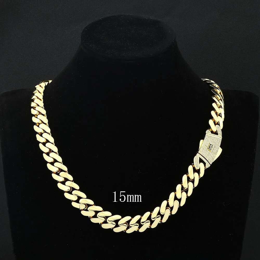 ESKEEM Iced Diamond Clasp Flat 12mm Miami Cuban Link Chain 14K Gold Plated Thick Solid Cuban Link Chain Hip Hop Jewelry for Men
