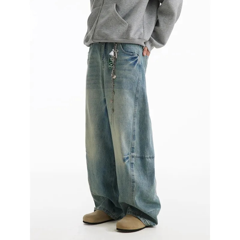 Distressed retro blue jeans mens wide leg Trousers oversized streetwear fashionable casual bag straight 250414