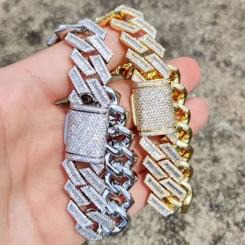 18K Gold Plated Miami Cuban Chain 18mm Iced Out Choker Cuban Link Chain Rectangle Stone Prong Fashion Hip Hop Jewelry For Men