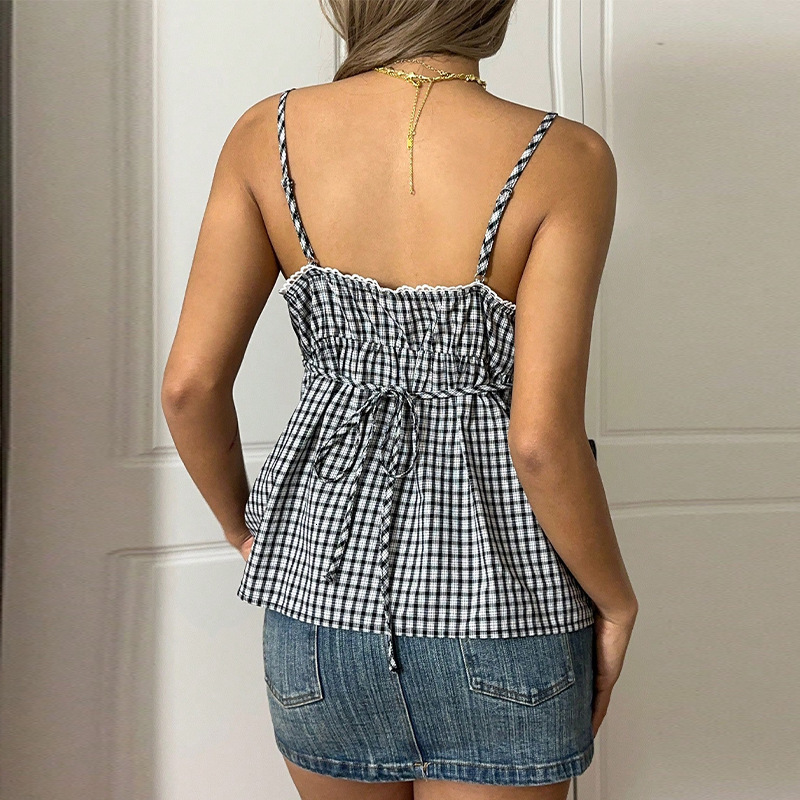 Womens clothing 2025 summer new product BM style camisole plaid sexy lace up top