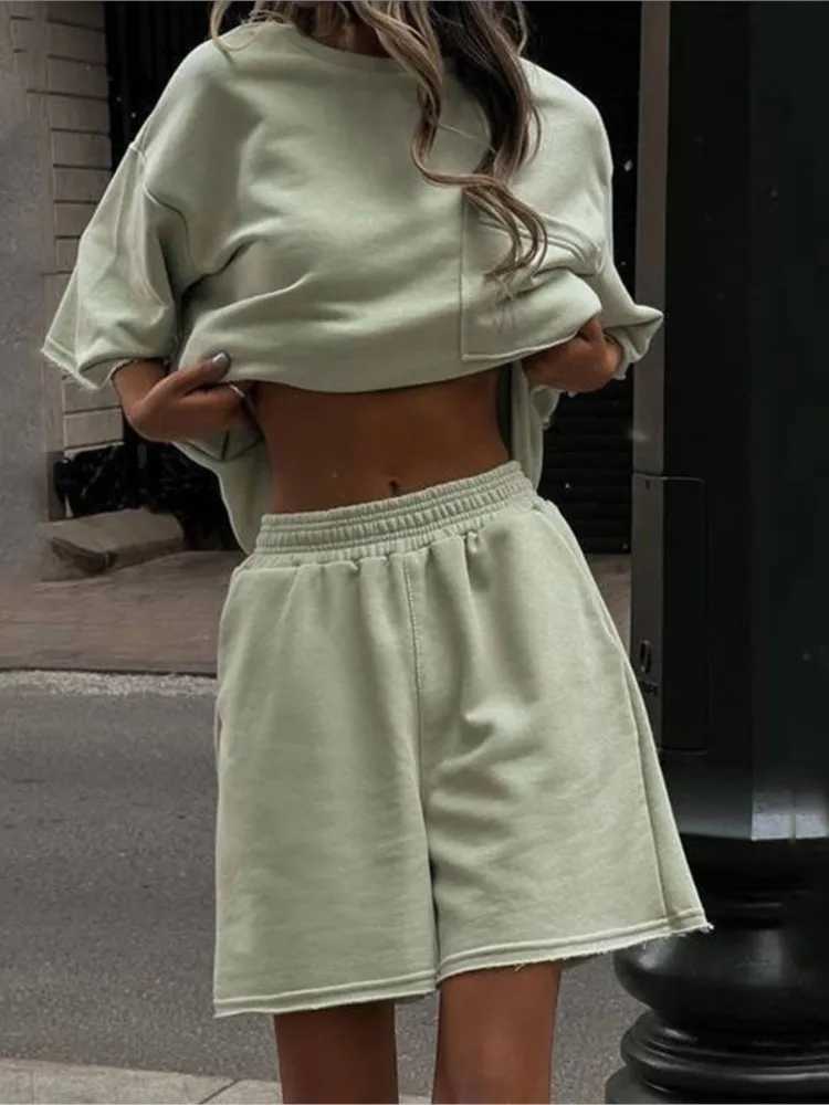 Casual and casual short sports two-piece set womens solid color loose half Sves T-shirt two-piece set womens streetwearXJ250414