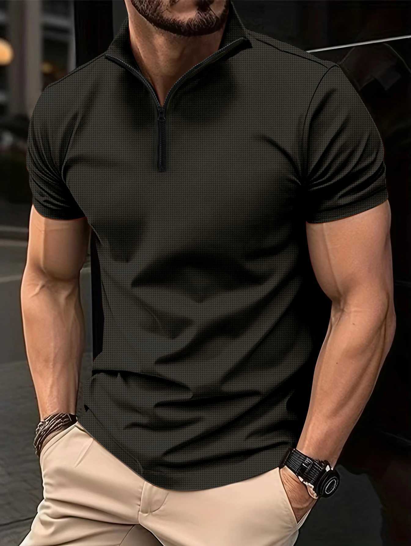2024 Summer Fashion Mens Polo Shirt Zipper Stand Collar Henley Shirt Solid Color Ultra Thin Elastic Mens Short Sleeve W250414