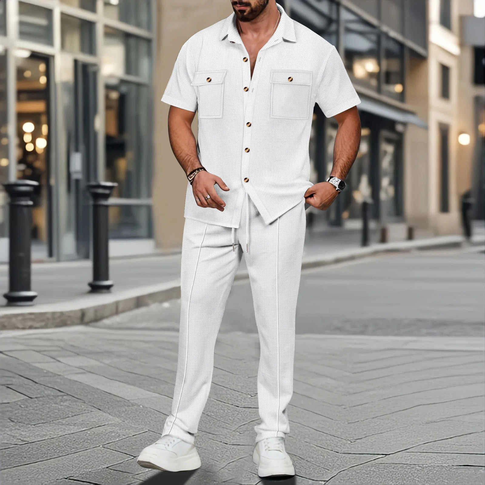 2025 summer men light ripe casual solid color button pocket fashion Waffle trend shirt short-sleeved trousers two-piece set 250409