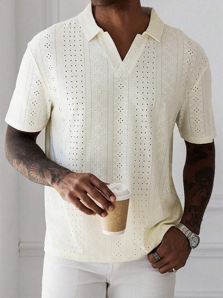 Leisure Breathable Hollow Out Tops Mens Knitted Short Sleeve Polo Collar Shirts For Men Summer Casual Pure Color Knit Polo Shirt 250411