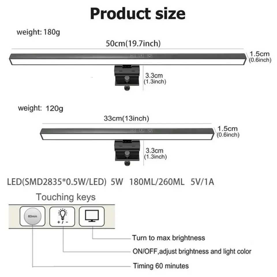 Eye-Care Desk Lamp 33cm 50cm LED Computer PC Monitor Screen Light Bar Stepless Dimming Reading USB Powered Hanging s M251114