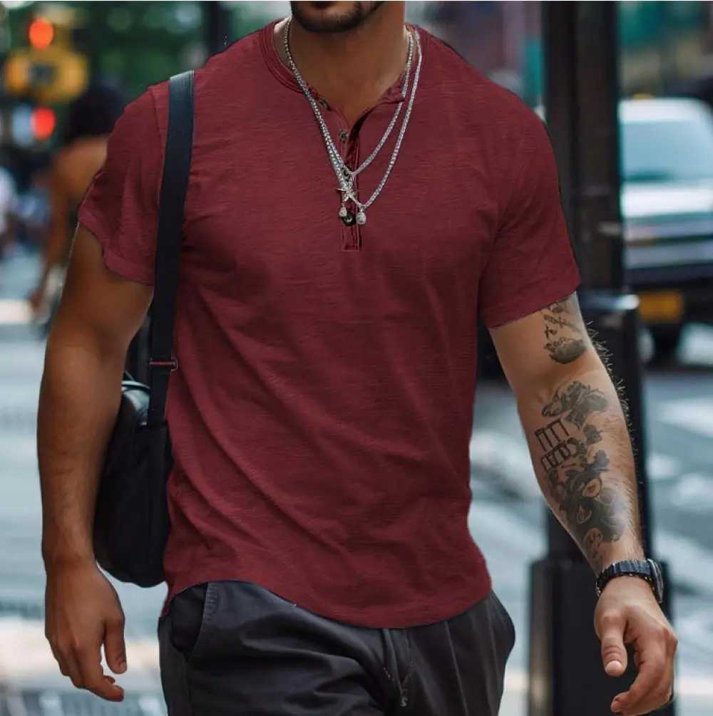 Mens short sleeved polo shirt with tight buttons skin friendly Henry collar sports T-shirt casual solid color fashionable mens clothing W250414