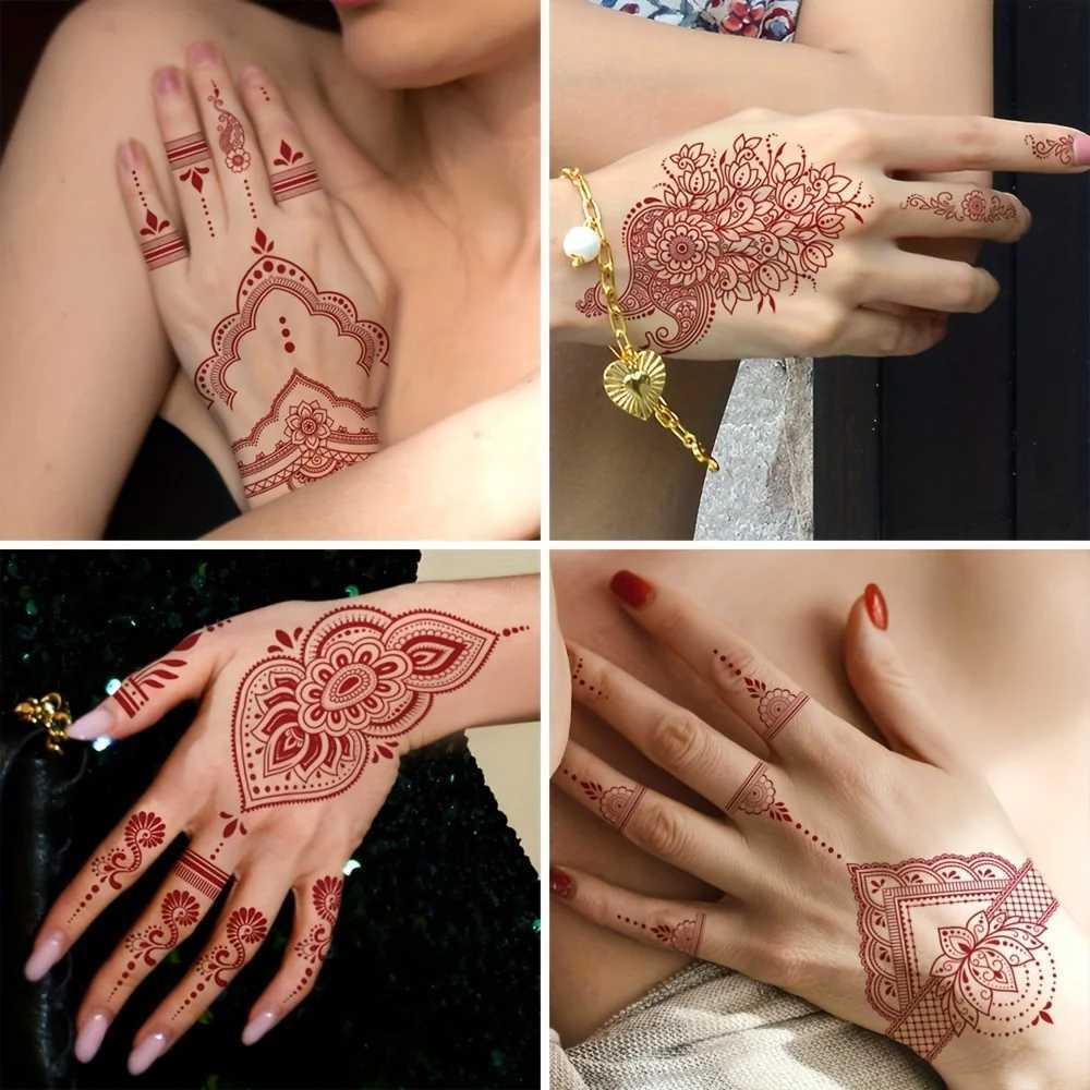 6 Red Fingernail Flower Temporary Tattoo Stickers Designed by Maroon Mehndi Waterproof Fake Tattoo Female Hand and Finger Tattoo Body ArtXJ25414