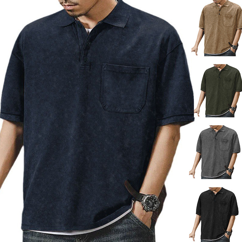 2025 New Collar Button Summer Loose Short sleeved Men's High Street T-shirt