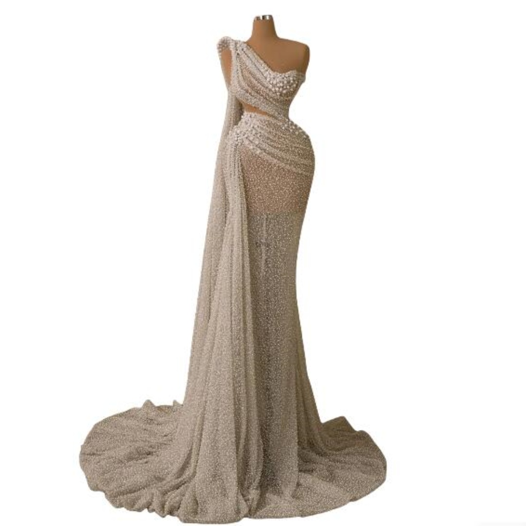 Gorgeous Pearls Mermaid Wedding Dresses Exquisite One Shoulder Strapless Bridal Gown Side Train Vestido De Novia Customized