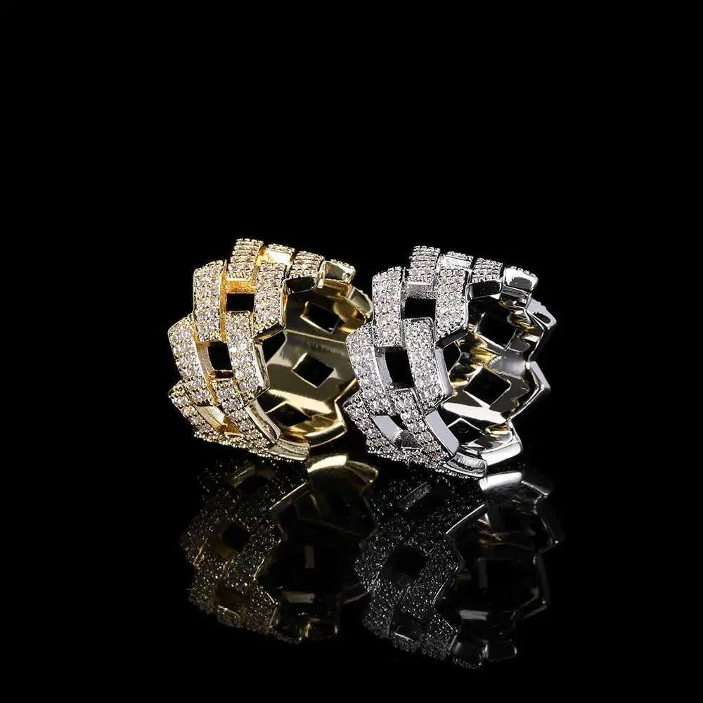 Hip Hop Fashion Iced Out For Men Brass Setting Cubic Zircon 14MM Cuban Ring Luxury Rhombus Jewelry
