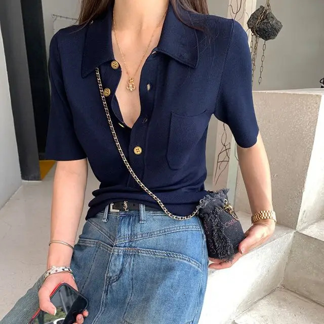 Knitted Short Sleeve French Sweater High End Weight Loss Polo Temperature Top 250410