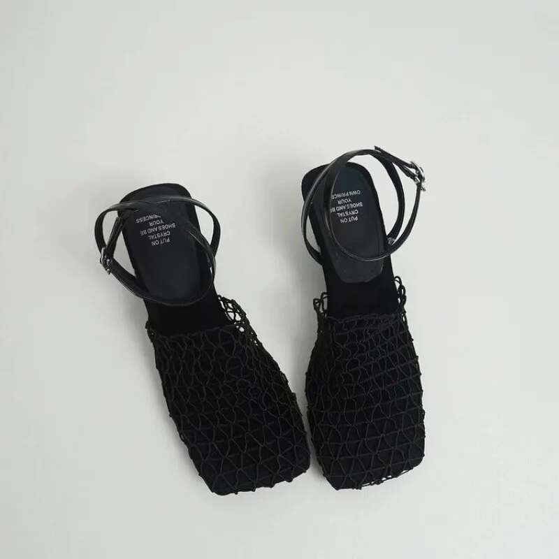 2024 New Mesh Design Square Toe Solid Color Half Heel Women's Sandals Summer Casual Outdoor Shoes