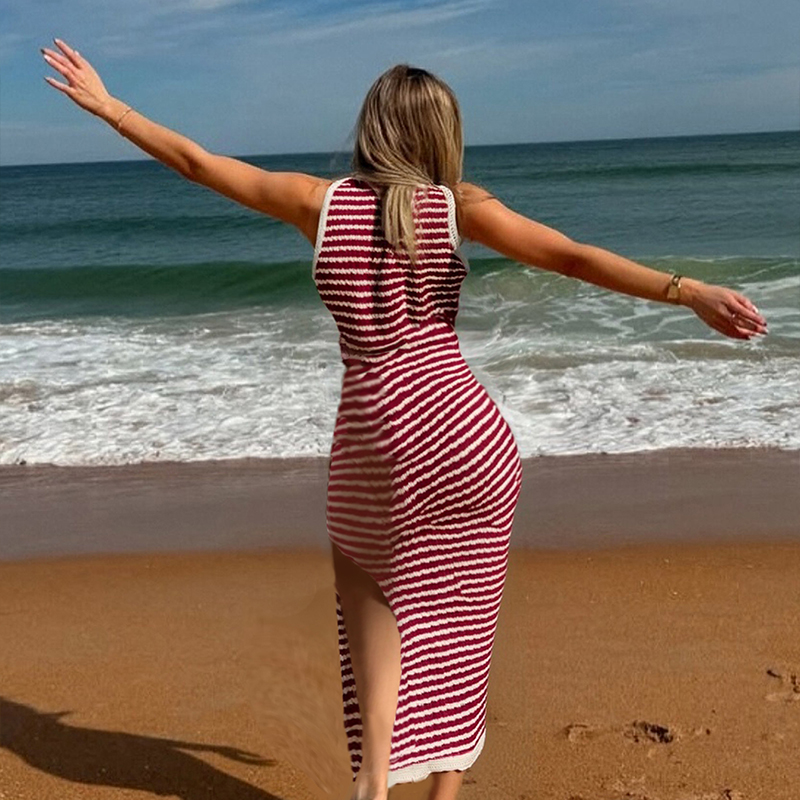Valentine's Day Nordic Breeze Women's Summer Round Neck Bodycon Midi Dresses 2025 Casual Sleeveless Ribbed Knit Striped Beach Vacation Long 