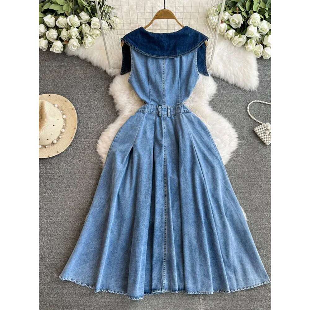 DEAT New Fashion Women's Patchwork Lapel Sleeveless Denim Dress 2024 Summer Trendy Single Breasted Split Dresses Female 33A1637