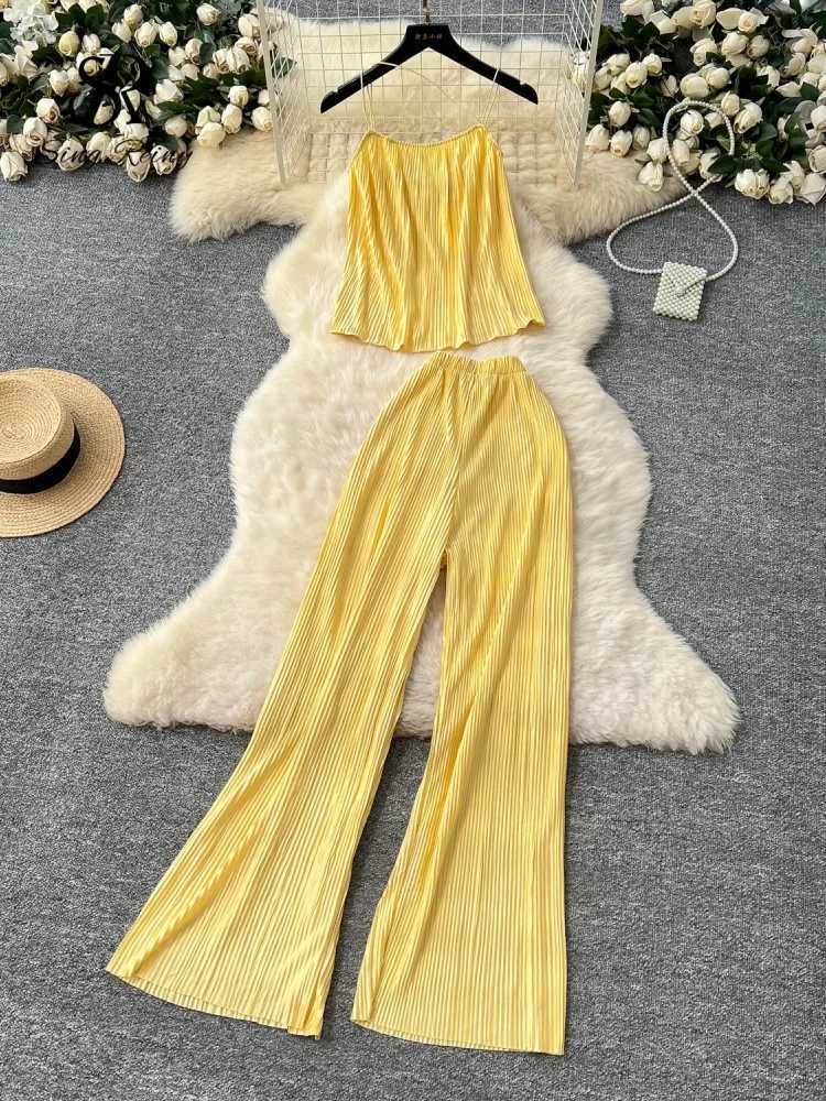 SINGREENY Womens Summer Casual Two Piece Set with Waist Belt Loose Top+Elastic Wide Leg Pants Bohemian Chic Folded Home ClothesXJ250414