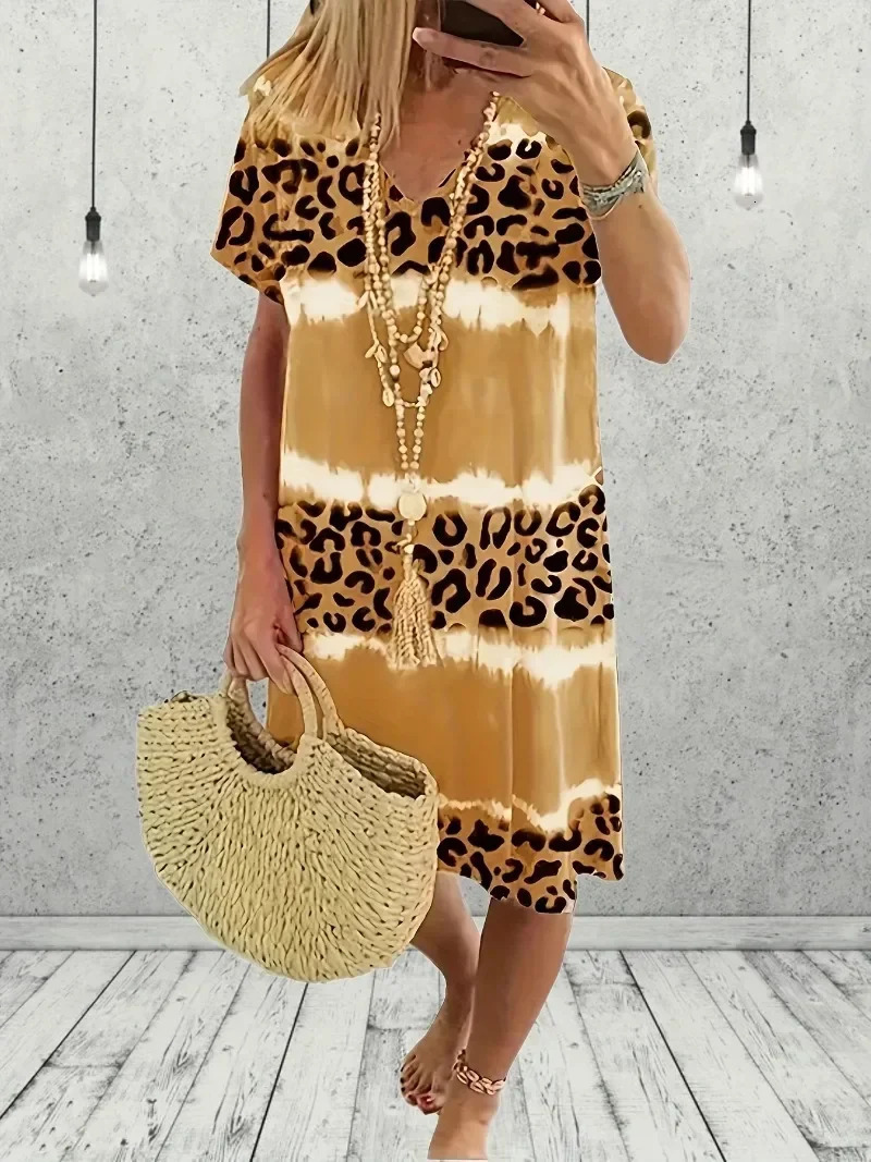 Womens fashionable casual dress short sleeved tie dye leopard Vneck mini elastic 250414Z