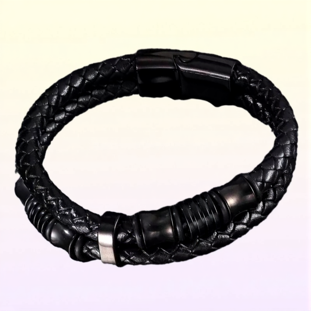 Double Woven Leather Bracelet For Men Punk Jewelry Black Stainless Steel Magnetic Clasp Wristband Fashion Bangles Gifts Bangle