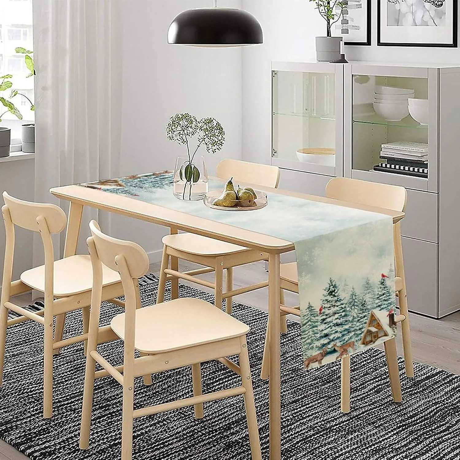 Christmas Festive Christmas table flag Winter Forest Scene with Deer Cardinals New Year home party decoration Y251113