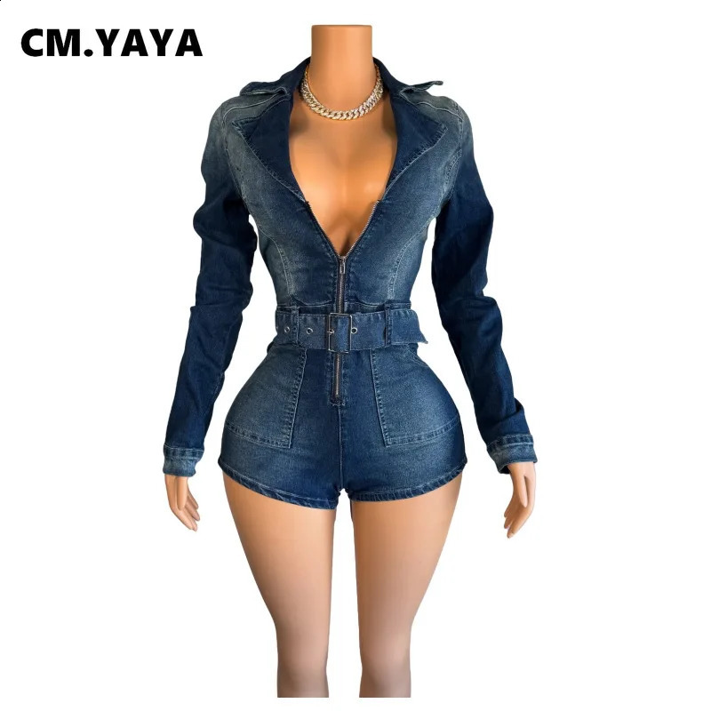 CMYAYA 2025 Womens Vneck Long sleeved Leather Strap Denim Short jumpsuit Summer Street Party Jeans 250411