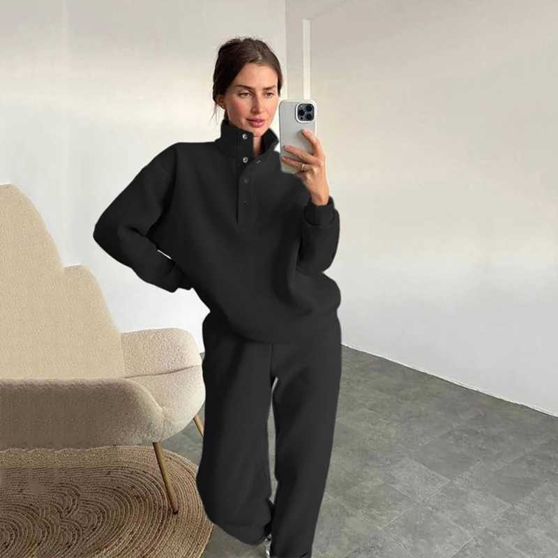 2024 new womens casual sportswear solid color stand up collar Fe hooded sweatshirt sports pants two-piece setXJ250414