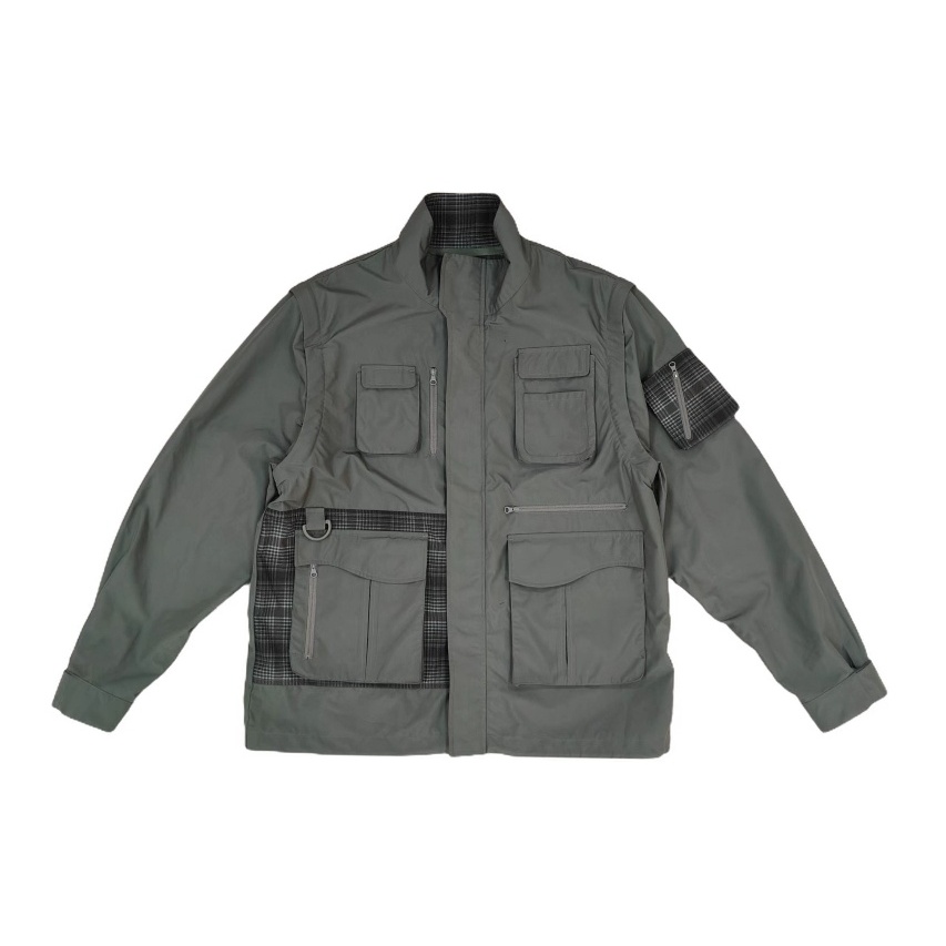 Men's Green Multi-pocket Zipped Windproof Jacket with Detachable Long Sleeves Stand Collar for Outdoor Athleisure Outfit