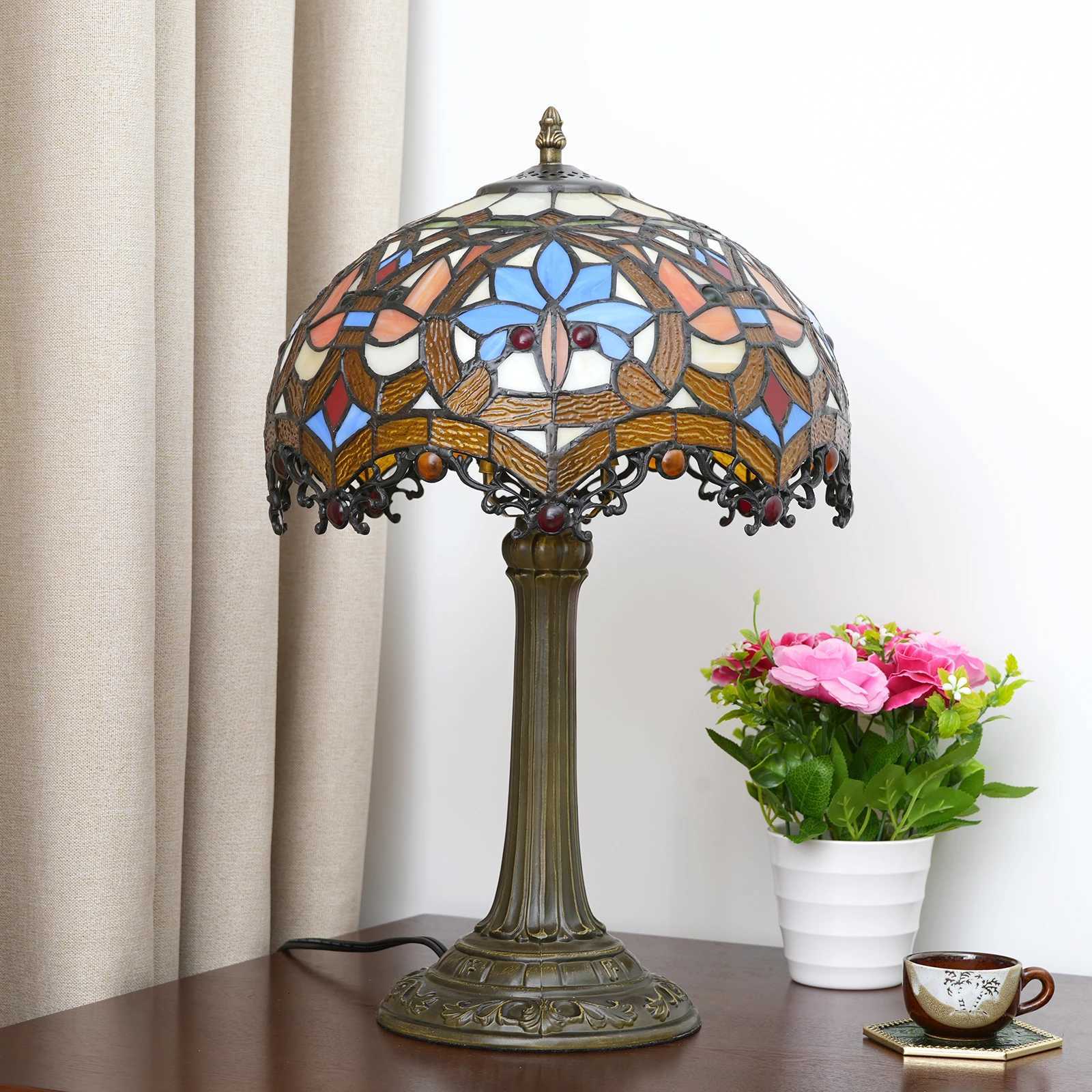 Yellow Peacock Tail Style Stained Glass Table Lamp Vintage Handmade Reading Lamp for Living Room Home Office Decor Light M251114