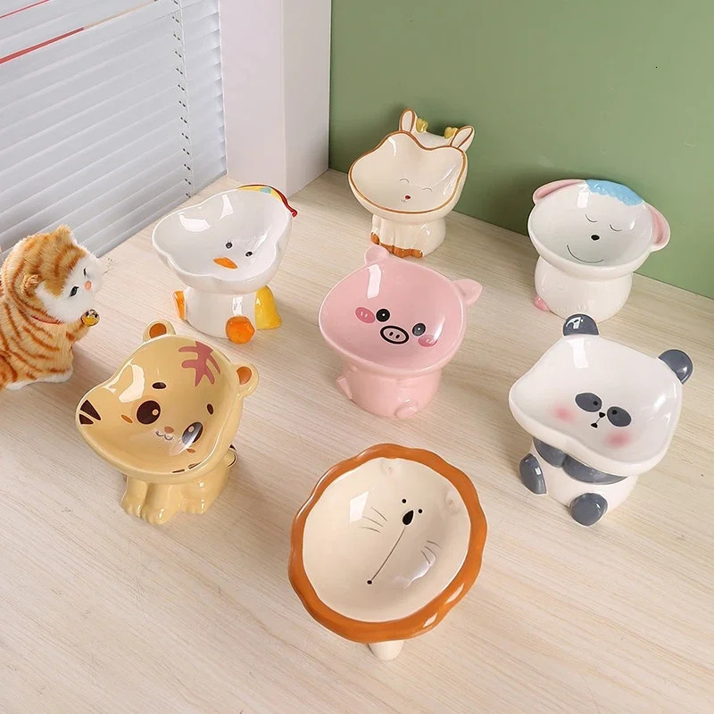 Cartoon cute pet bowl ceramic high neck protection black chin multifunctional water and food container cat and dog bowl 250414