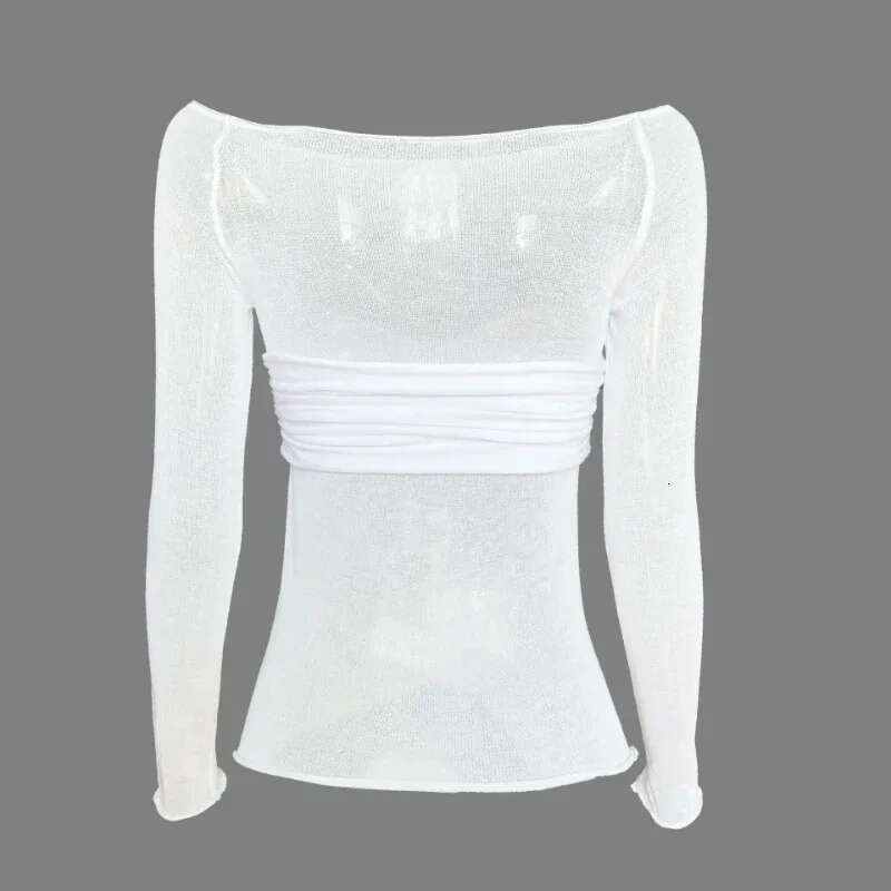 Sexy See Through Mesh Women White Off Shoulder Long Sleeve Ruched T-shirt Female Spring Skinny Casual Streetwear
