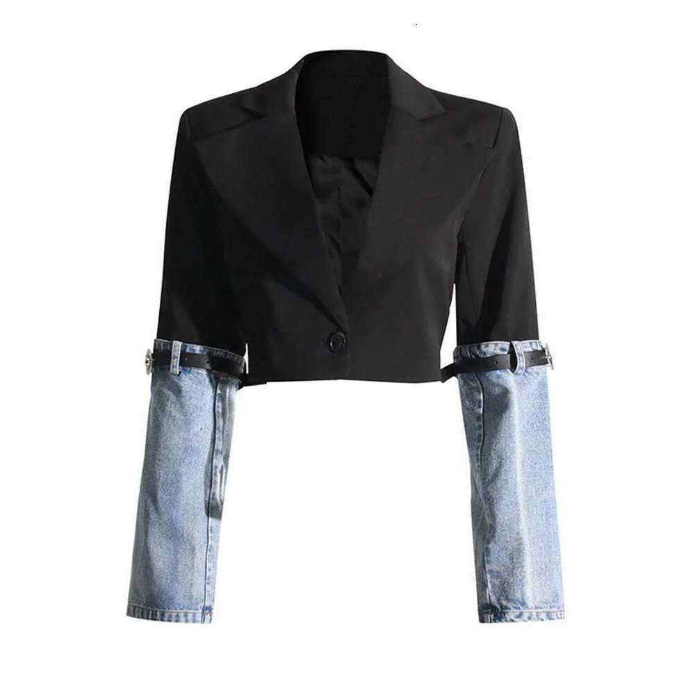 DEAT Fashion Trendy Women's Spliced Denim Belt Long Sleeves Coat 2024 Spring New Turn-Down Collar Buttons Jacket Female 7Ab010