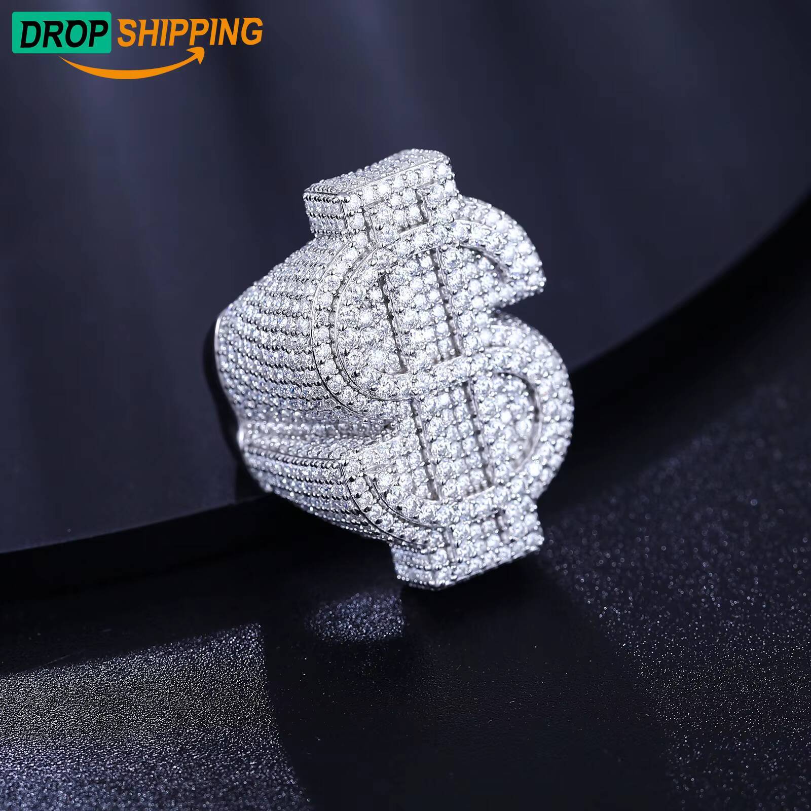 Dropshipping Hip Hop Jewelry White Gold Plated 925 Sterling Silver VVS Moissanite Diamond Iced Out USD Dollar Ring for Men