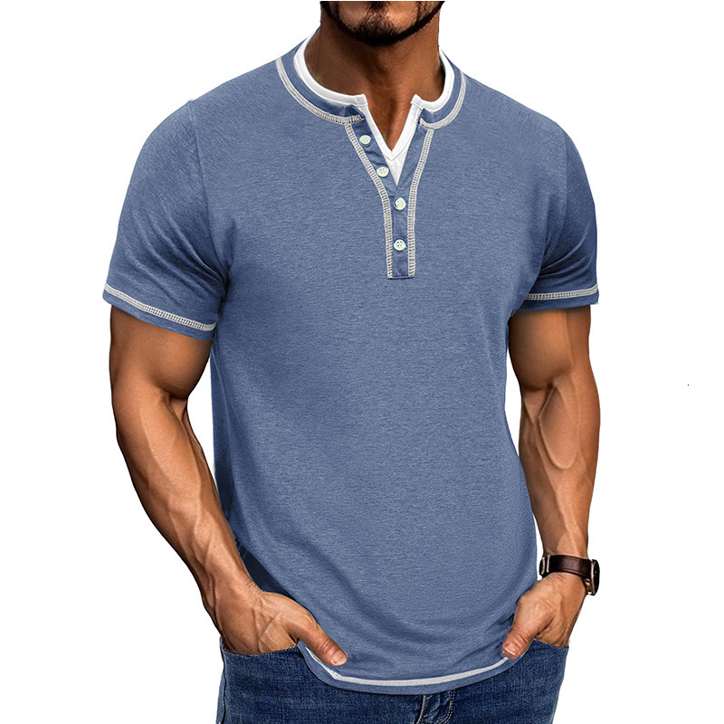 New mens short sleeved color blocked fake two-piece Henry shirt mens V-neck T-shirt