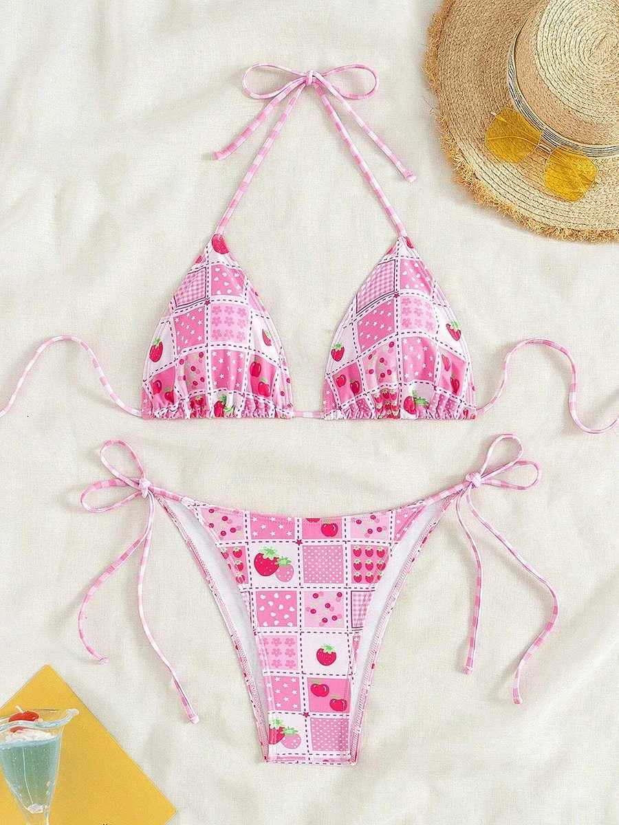 Swimsuit 2025 Female Micro Bikini Women Swimwear Summer Beachwear Womens Bathing Suit Floral Print Neck Halter Thong Bikini SetW251113