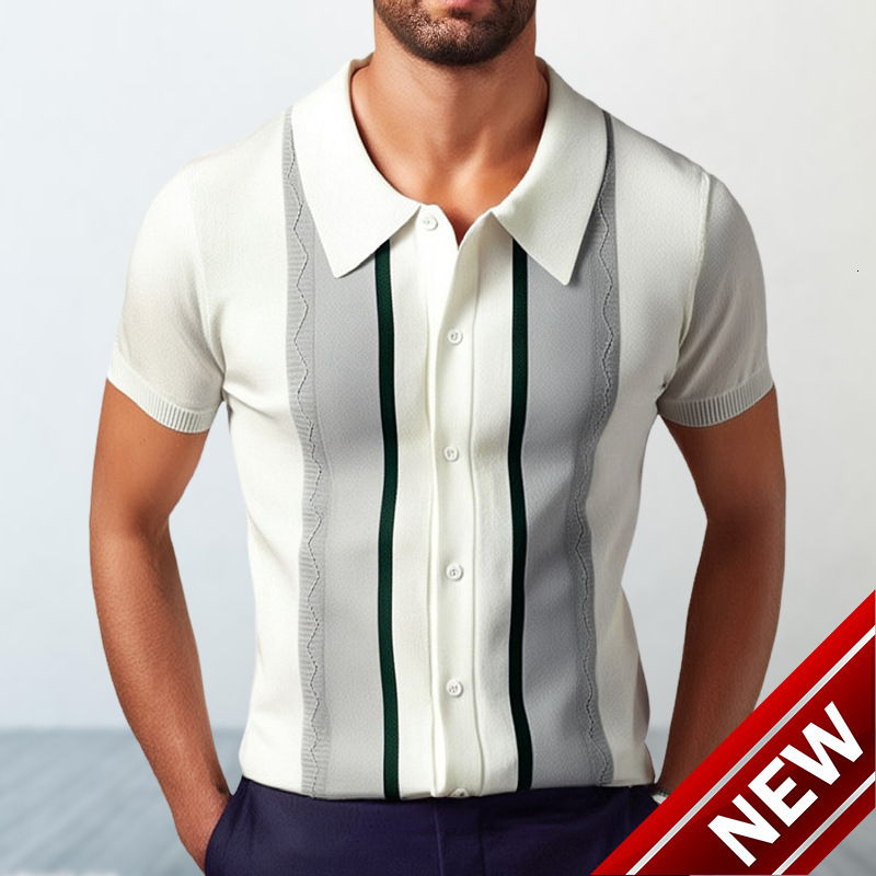 Mens Summer New Collection Mens Knitted Sweater Flip Collar Pullover Casual Striped Polo Shirt