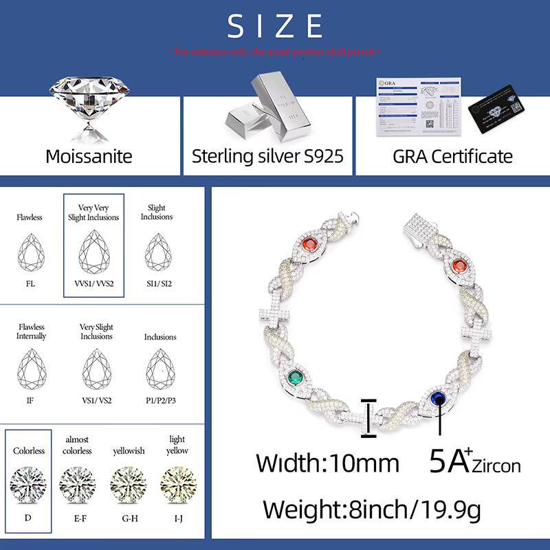 Punk Rock Party Jewelry 925 Silver Infinity Cross Evil Eye Cuban Bracelet Hip Hop Iced Out Moissanite Men Bracelet