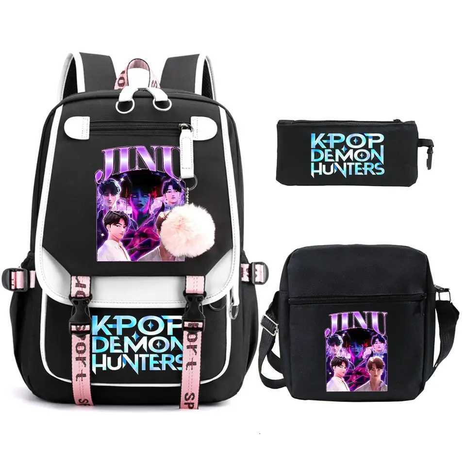 KPop Demon Hunters Backpack Shoulder Bag Pencil Case Three Piece Set Children Fashion Casual SchoolBag Saja Boys Travel BackpackW251113