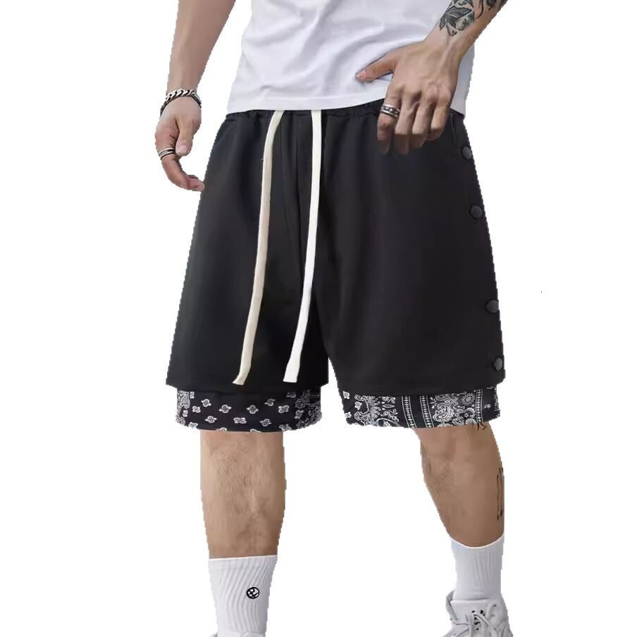 Shorts, summer fashion label, casual slim fit drawstring shorts, double breasted buckle five point pants, men's