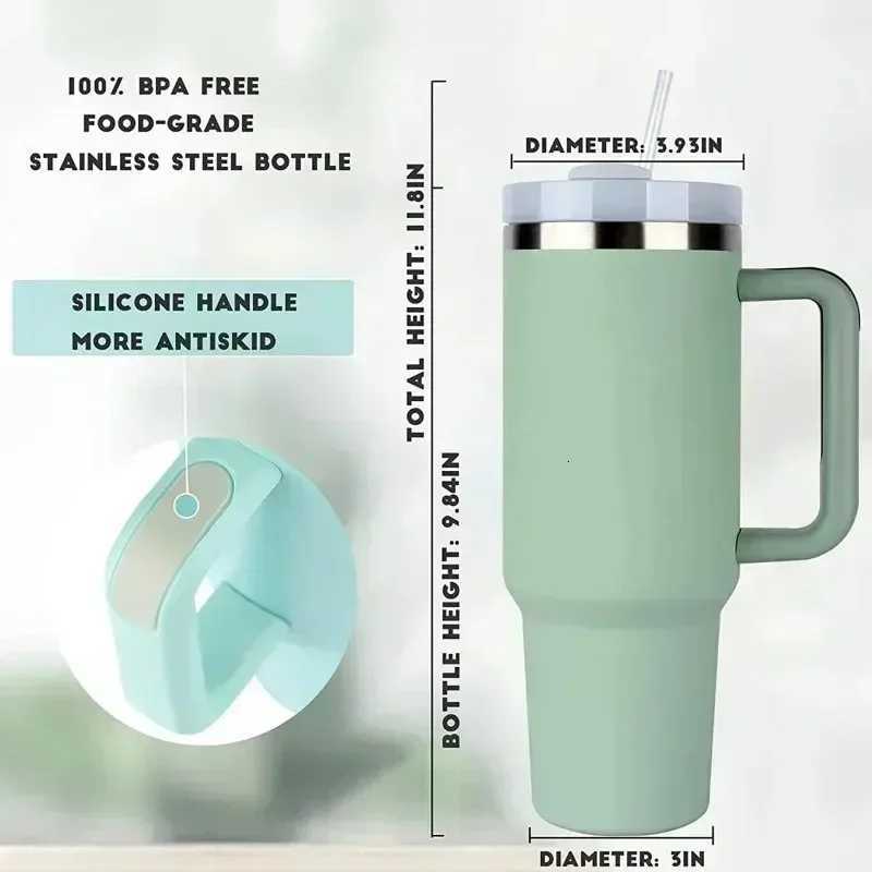 40oz Stainless Steel Car Cup Large Capacity Water Cup with Handle and Straw Double-walled Insulated Travel Mug Holiday Gifts C2511142
