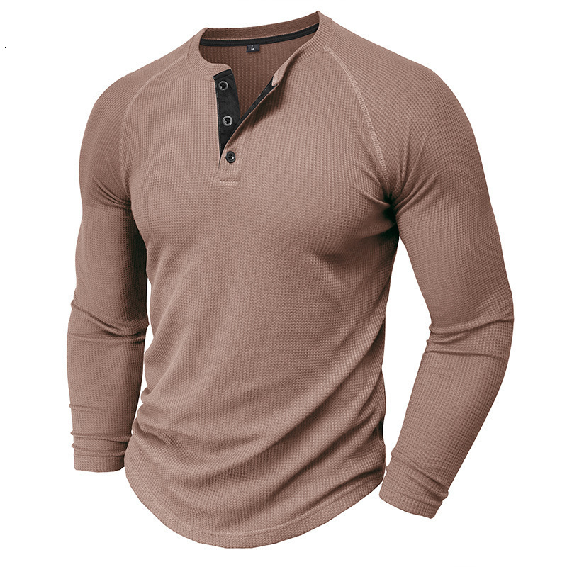 Mens Waffle Henley collar pullover long sleeved T-shirt solid color texture base shirt