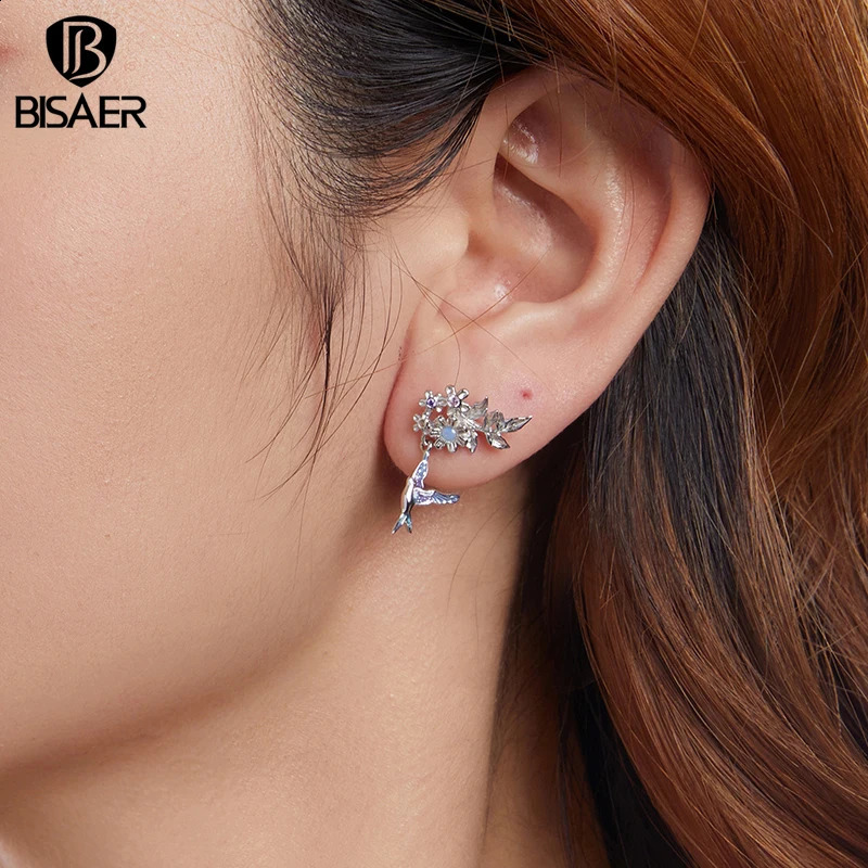 BISAER 925 sterling silver flower and bird earrings bird enamel earrings plated with platinum exquisite jewelry for womens parties 250409