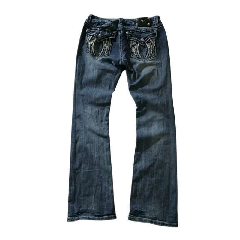 Retro Miss Me Boot Cut Female Y2k New Blue Jeans Embroidered Wing Pocket Hip Hop Haruku Gothic Wide Pants Street Wear