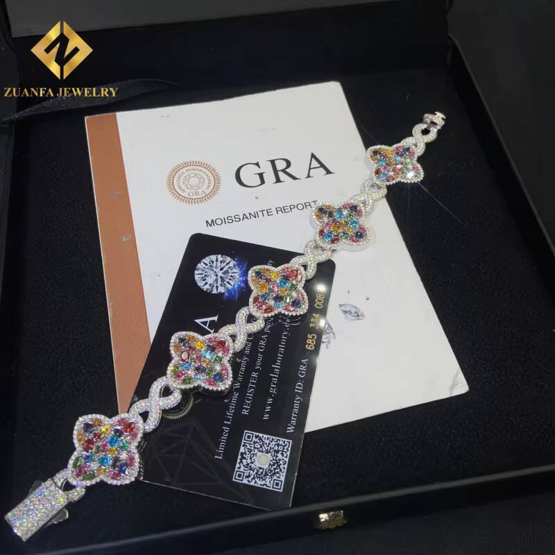 New Designs Pass Diamond Tester Moissanite Colored Four-Leaf Clover Bracelets 925 Sterling Silver Moissanite Mens Bracelet