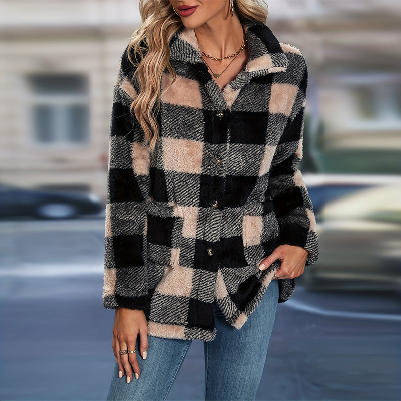 Temperament plaid woolen coat autumn and winter loose long sleeved thick cardigan top