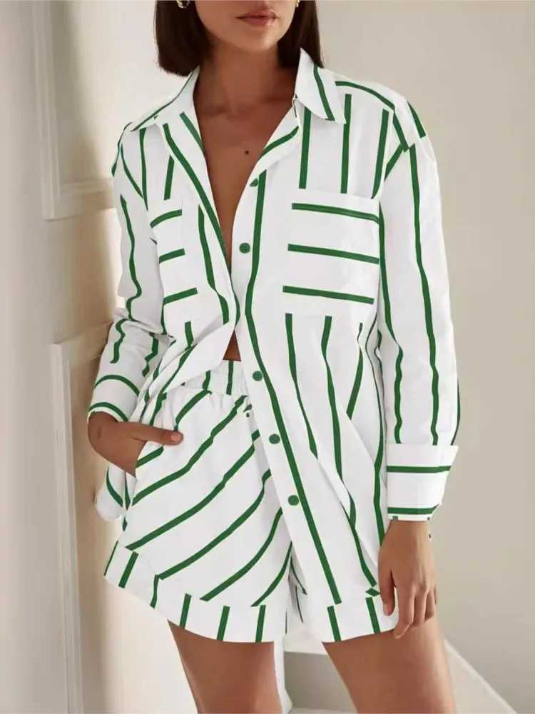 Fashion striped printed two-piece long Sve button up shirt+shorts set for womens Ele Suit 2025 Spring and Summer SetXJ250414